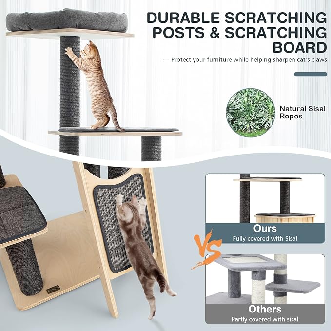 PETSITE 69-inch Tall Wooden Cat Tree Tower, Modern Cat Activity Center Tree - Image 4