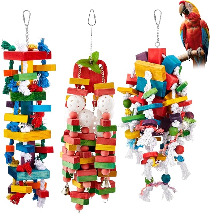 3 Pcs Extra Large Bird Parrot Toy Multicolored Natural Wooden Parrot Cage by Seenelling