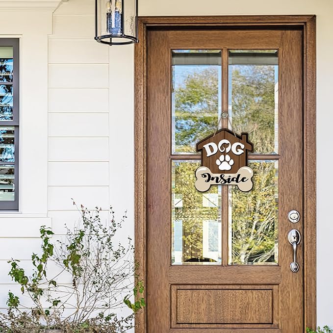 Dog Inside Front Door Sign, Doghouse Bone Paw Prints Wood Door Hanger Outdoor - Image 4
