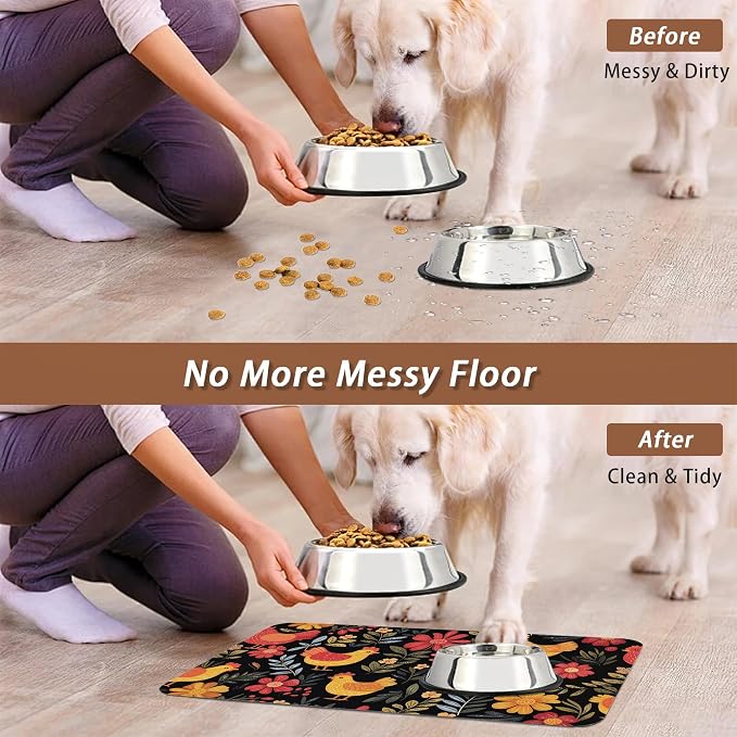 Chicken Rooster Hen Flower Meadow Dog Cat Food Mat, Absorbent Pet Feeding Mat - Image 5