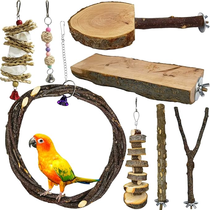 kathson 8PCS Wood Bird Perch Natural Parakeet Perches Bird Swing Chew Toys by kathson