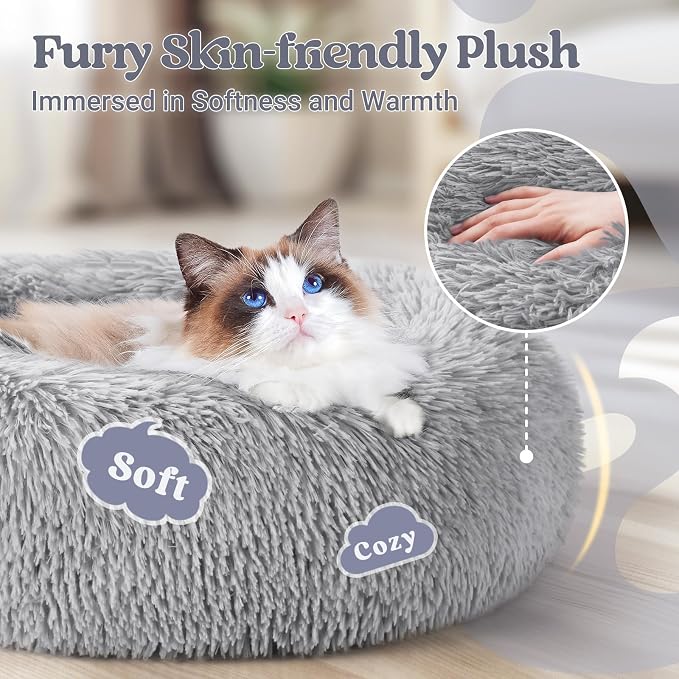 rabbitgoo Cat Beds for Indoor, 20 inches Machine Washable, Fluffy Round Pet Bed - Image 2