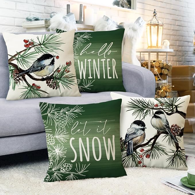 Fahrendom Hello Winter Green Decorative Throw Pillow Covers 18 x 18 Set of 4 - Image 6