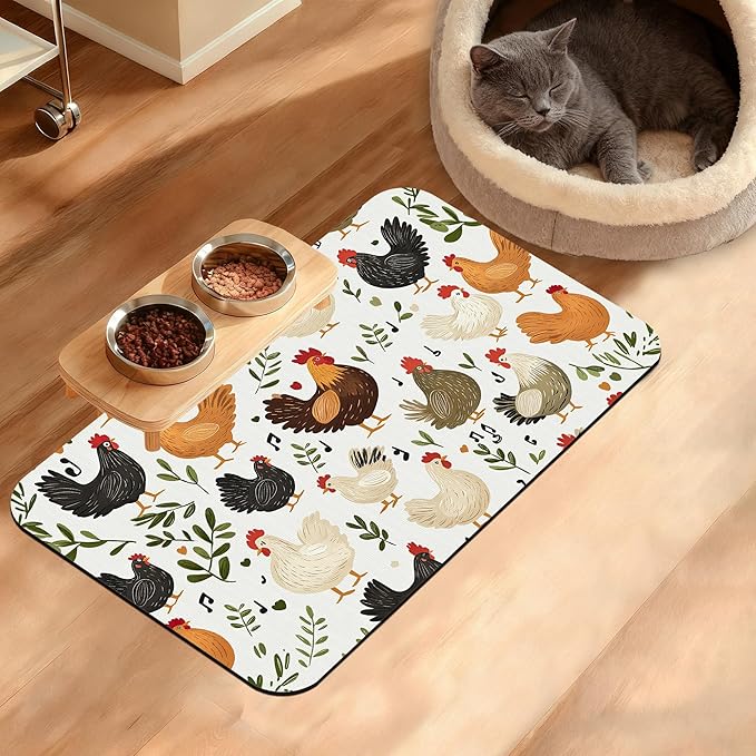 Dog Bowl Mat, Chickens Roosters Pet Feeding Mat by Unknown