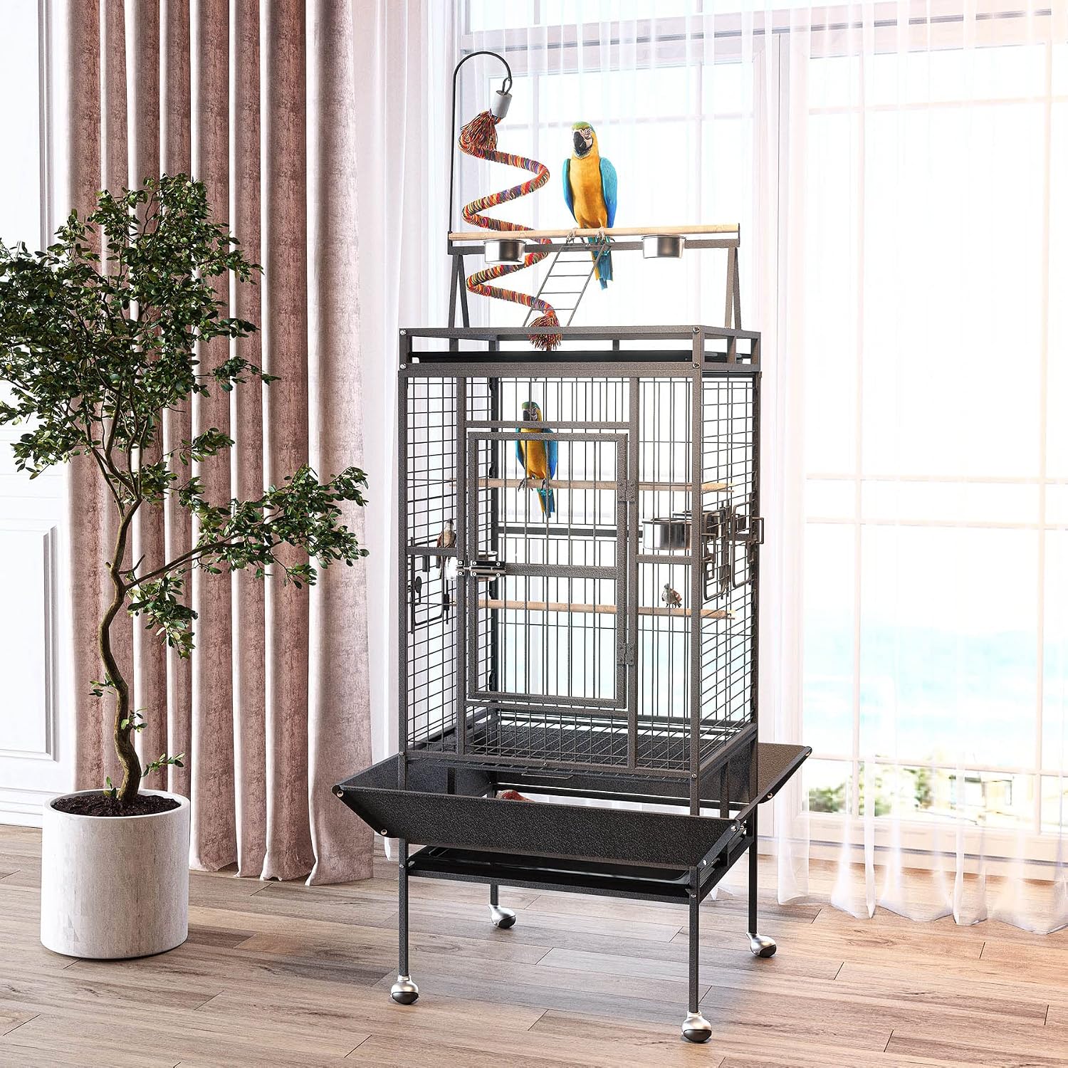 BOINN 82 Inch Wrought Iron Bird Cage with Rolling Stand - GlobalHabitat Supply