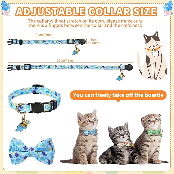 3 PCS Cat Collars with Bow Tie and Bell, Cat Collars Dinosaurs Pattern - Image 2