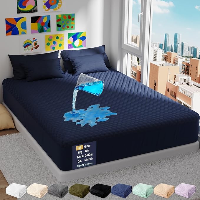 OhGeni 100% Waterproof Mattress Protector, Full-Navy Blue Size Mattress Pad by OhGeni