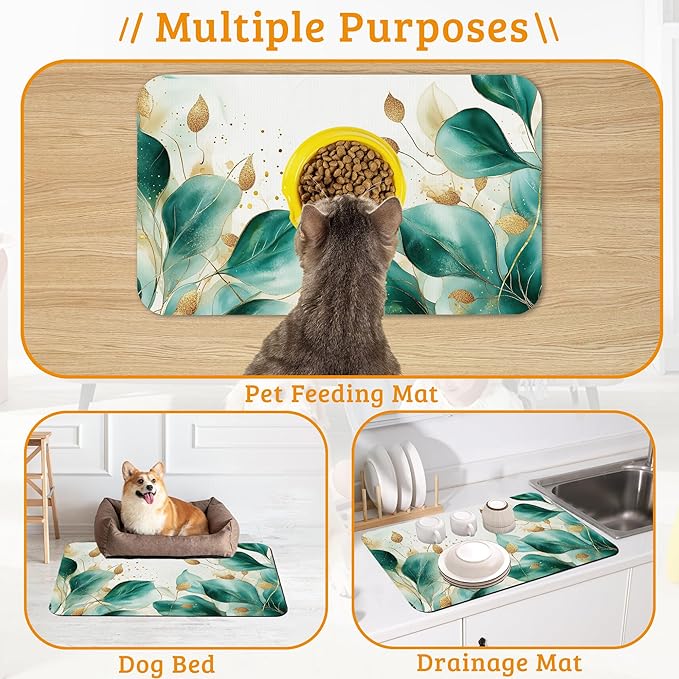 Green Plam Dog Cat Food Mat, Tropical Leaves Absorbent Waterproof Placemat - Image 7