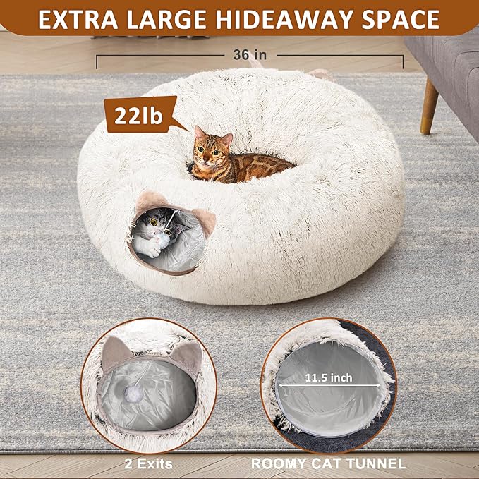 Cat Tunnel with Cat Bed for Indoor Cats, Soft Plush Peekaboo Cat Cave Donut - Image 5