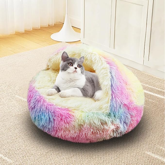 ShinHye Cat Bed Round Plush Fluffy Hooded Cat Bed Cave, Cozy - Image 4
