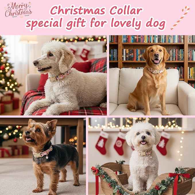 Christmas Dog Collar for Small Dogs, Adjustable Poly-Cotton Fabric Collar