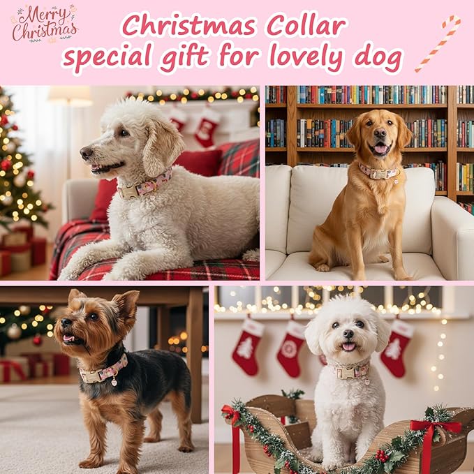 Christmas Dog Collar for Medium Dogs, Adjustable Poly-Cotton Fabric Collar - Image 2