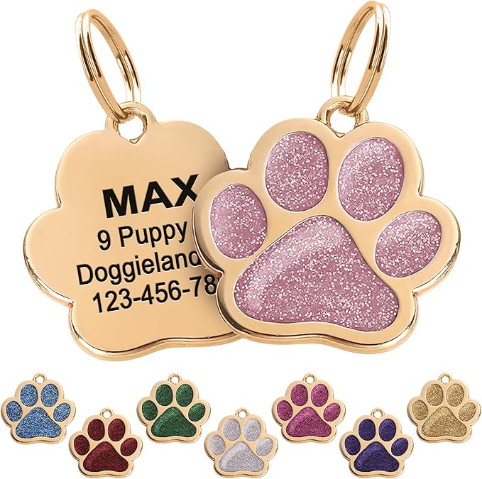 Paw Shape Dog ID Tag Stainless Steel Custom Laser Engraved, Cute Bling Glitter by Pawnimals