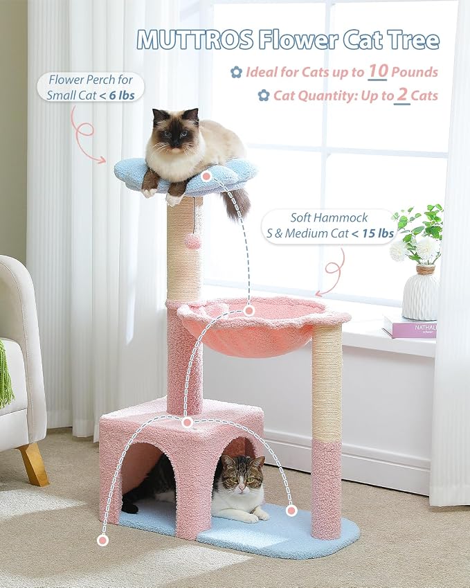 Flower Cat Tree with Large Metal Frame Hammock, Cat Condo with Blue Top Perch - Image 2