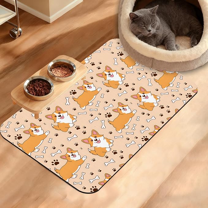 Corgi Feeding Mat, Cute Dogs Absorbent Quick-Dry Cat Dog Food and Water Bowl by Unknown