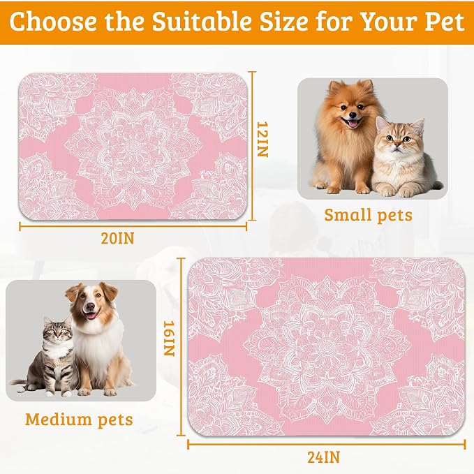 Pet Feeding Mat, Boho Mandala Absorbent Dog Cat Food Mat Pink Flower Dog Mat - Image 6