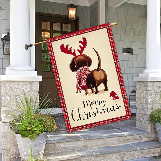 Merry Christmas Garden Flag Back View Dog Reindeer Antlers 28 x 40 Inch Double - Image 5