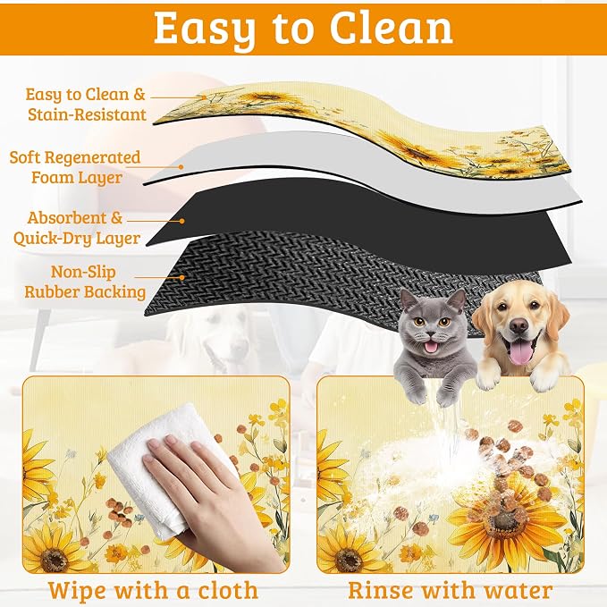 Yellow Floral Feeding Mat, Sunflower Absorbent Quick-Dry Cat Dog Food and Water - Image 5