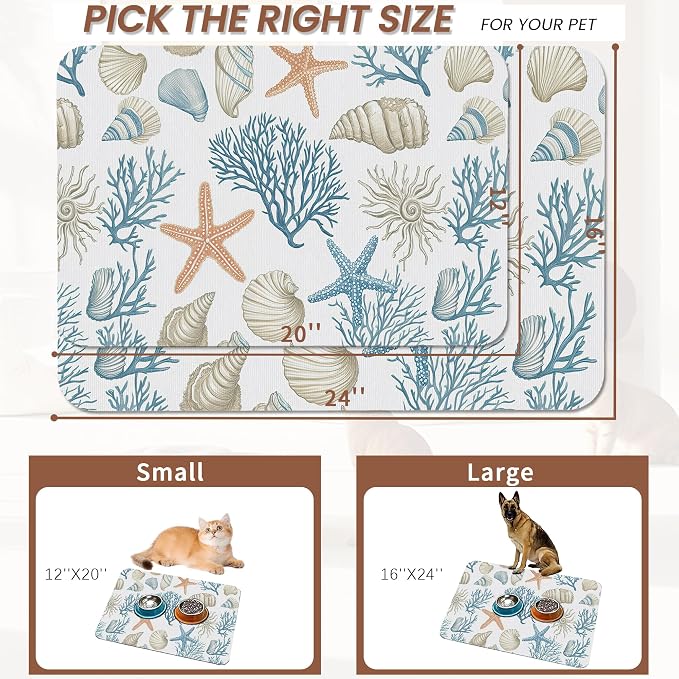Starfish Dog Food Mat for Floors, Coral Shell Ocean Absorbent Quick-Dry Pet - Image 2