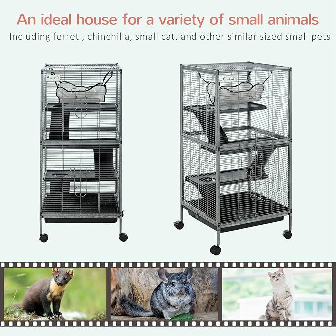 PawHut Metal Small Animal Cage, 4-Tiers Rolling Big Ferret Cage - Image 3