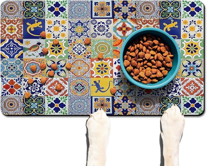 Moroccan Trellis Dog Food & Water Mat, Mexican Talavera Boho Colorful Pet - Image 2