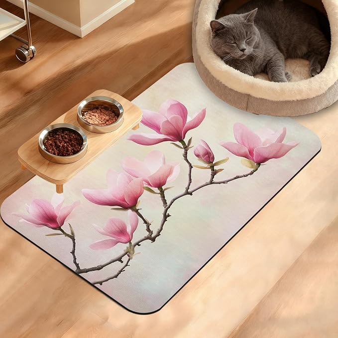Pink Magnolia Feeding Mat, Vintage Flowers Absorbent Quick-Dry Cat Dog Food and by Unknown
