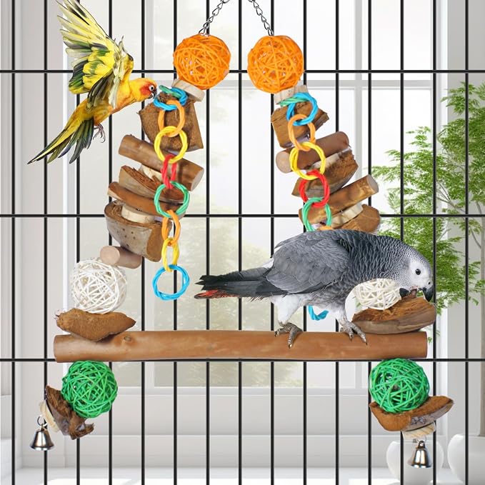 3-in-1 Parrot Toys Natural Coconut Fiber Parrot Hammock Natural Bird Perches - Image 5