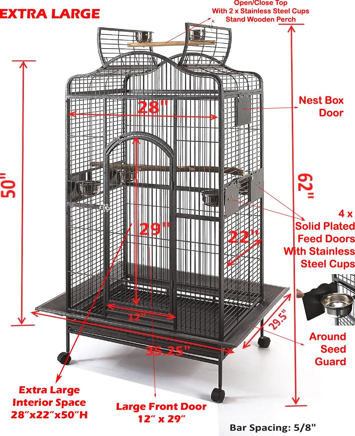 Extra Large Wrought Iron Dome Top Bird Cage, Black-Vein - GlobalHabitat Supply