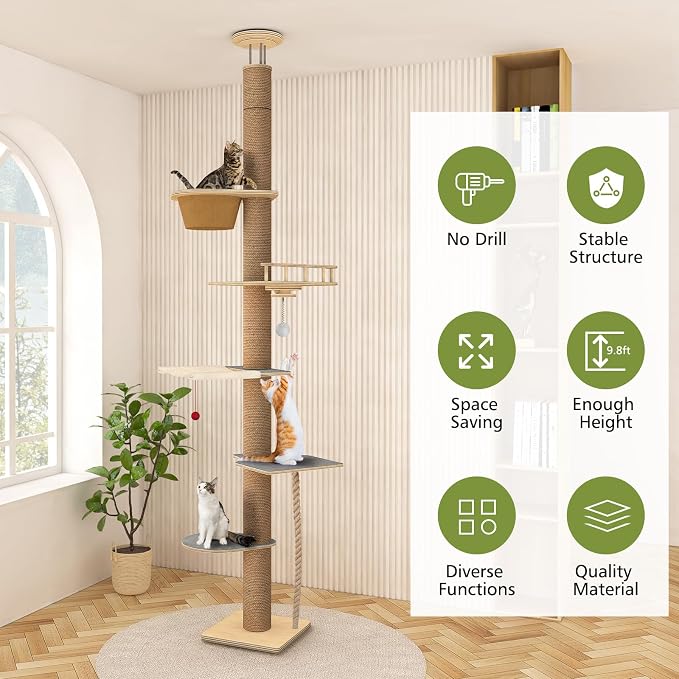 Floor to Ceiling Cat Tree, 5 Tier Cat Tower Adjustable Height, Tall Climbing - Image 8