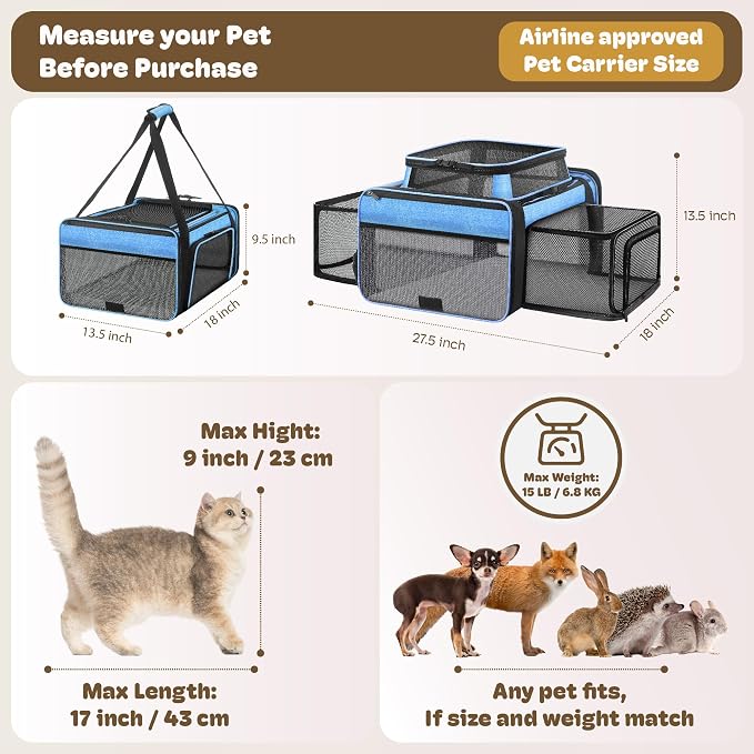 Top and 2 Sides Expandable Cat Carrier 18x13.5x9.5, TSA Airline Approved Dog - Image 4