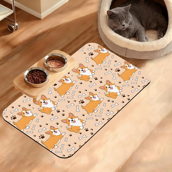 Corgi Feeding Mat, Cute Dogs Absorbent Quick-Dry Cat Dog Food and Water Bowl by Unknown