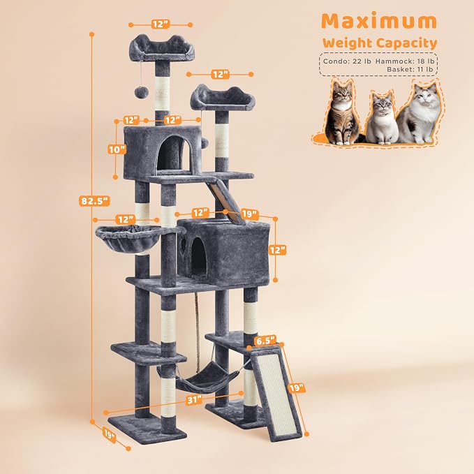 Yaheetech Cat Tree, 82.5in Large Tower w/Hammock, 2 Kitty-Ear Perches, 2 Cozy - Image 3