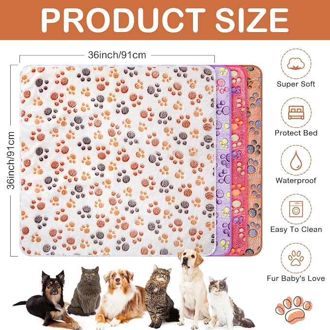 Panelee 4 Pcs Waterproof Dog Blankets Washable Puppy Paw Print Fleece Blanket - Image 3