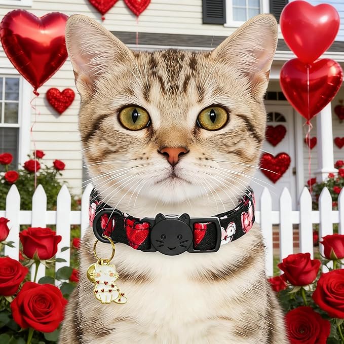 Valentine Cat Collar-2 Pack Collars Red and Black Heart Print Breakaway - Image 4