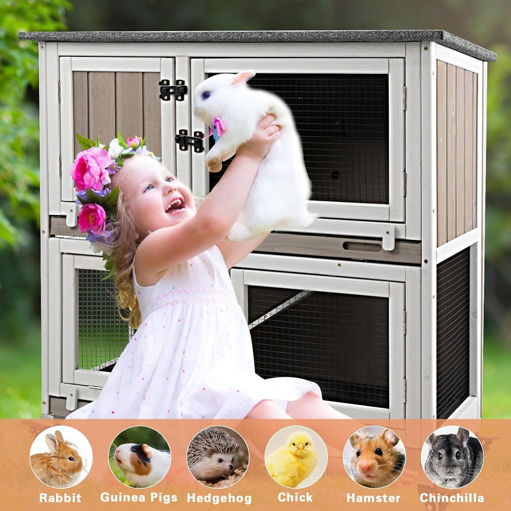 Gowoodhut 36" 2-Story Rabbit Hutch with 4 Wheels, Grey - GlobalHabitat Supply