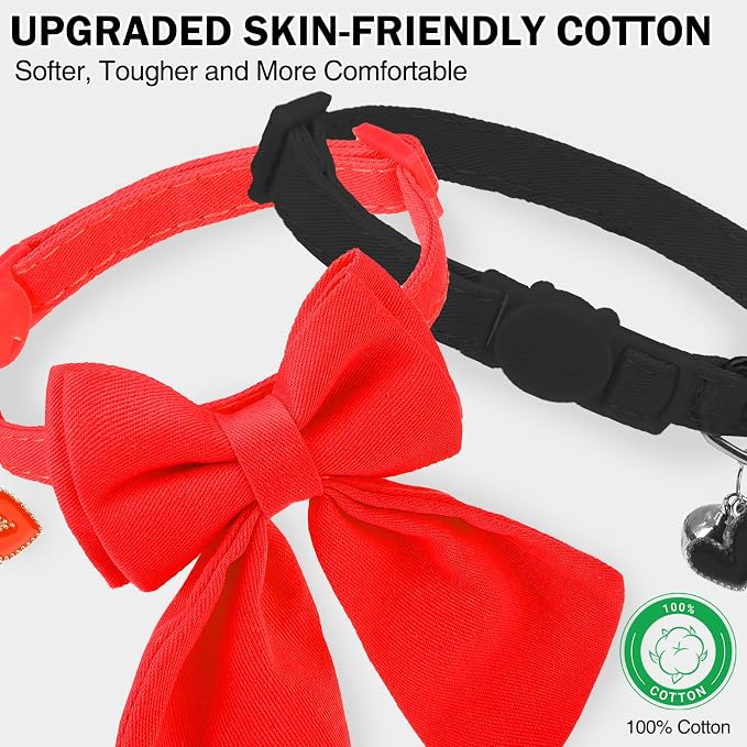 Cat Collar Breakaway with Bells, Soft Pure Cotton Bowtie Collar - Image 2