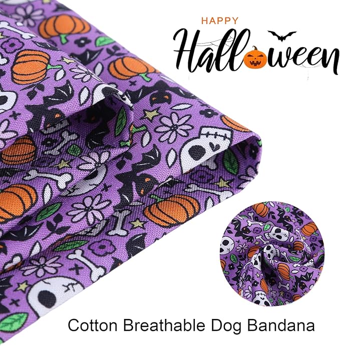 ARING PET Halloween Dog Bandanas, Cotton Purple Pumpkin Ghost Bat Floral Pet - Image 2