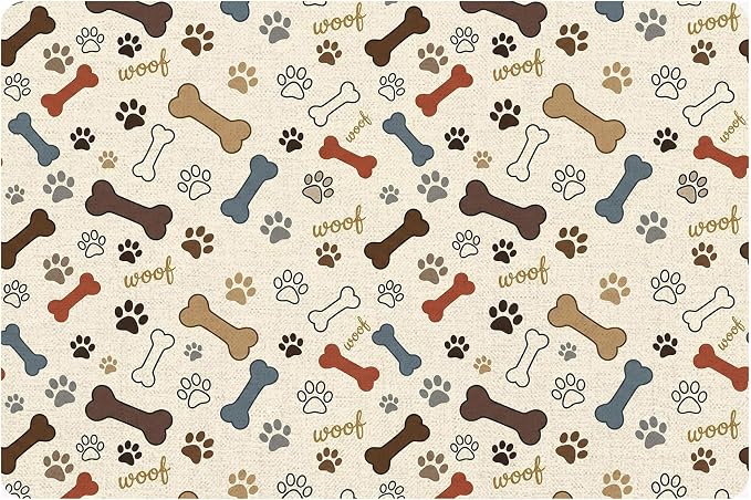 Dog Feeding Mat 24 x 16 Inch, Neutral Paw Bone Woof Dog Placemat Absorbent by Romart