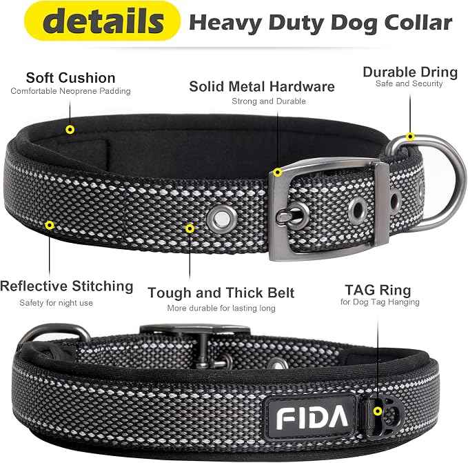 Fida Heavy Duty Dog Collar, Ultra Comfortable Soft Neoprene Padded, Adjustable