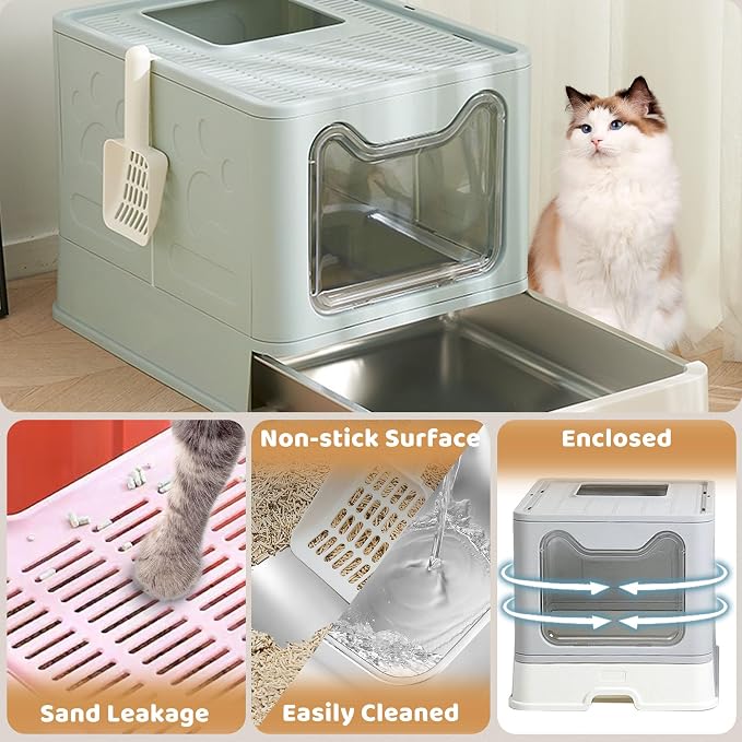 Enclosed Cat Litter Box with Lid Top Exit Covered Metal Stainless Steel Litter - Image 4