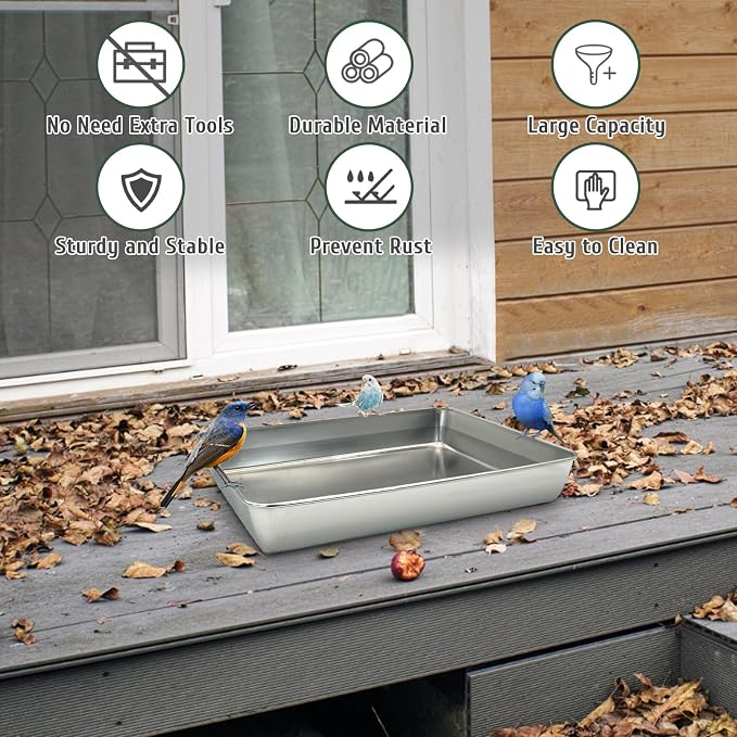 kathson Stainless Steel Bird Bath 16.14"×12.2"×2.36" Metal Bird Bath Tray Pet - Image 5