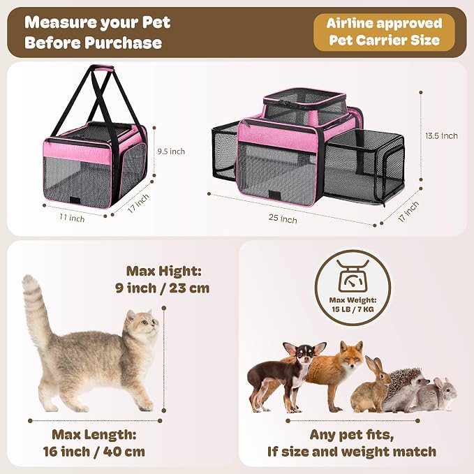 Top and 2 Sides Expandable Pet Carrier 17x11x9.5, TSA Airline Approved Small - Image 4