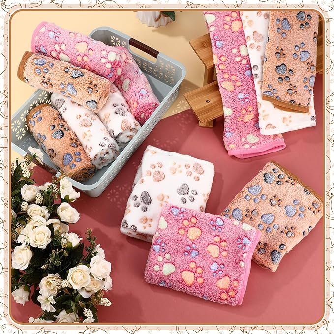 Tegeme 12 Pcs Pet Blankets Soft Fluffy Fleece Dog Cat Warm Paw Print Pattern - Image 7