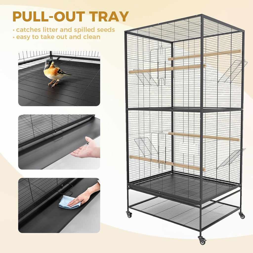 66-Inch Wrought Iron Parrot Flight Cage with Rolling Stand - GlobalHabitat Supply