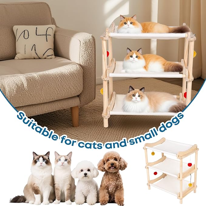 Large 3-Layer Cat Hammock Bed, Breathable Washable Covers, Wooden Pet Furniture - Image 8