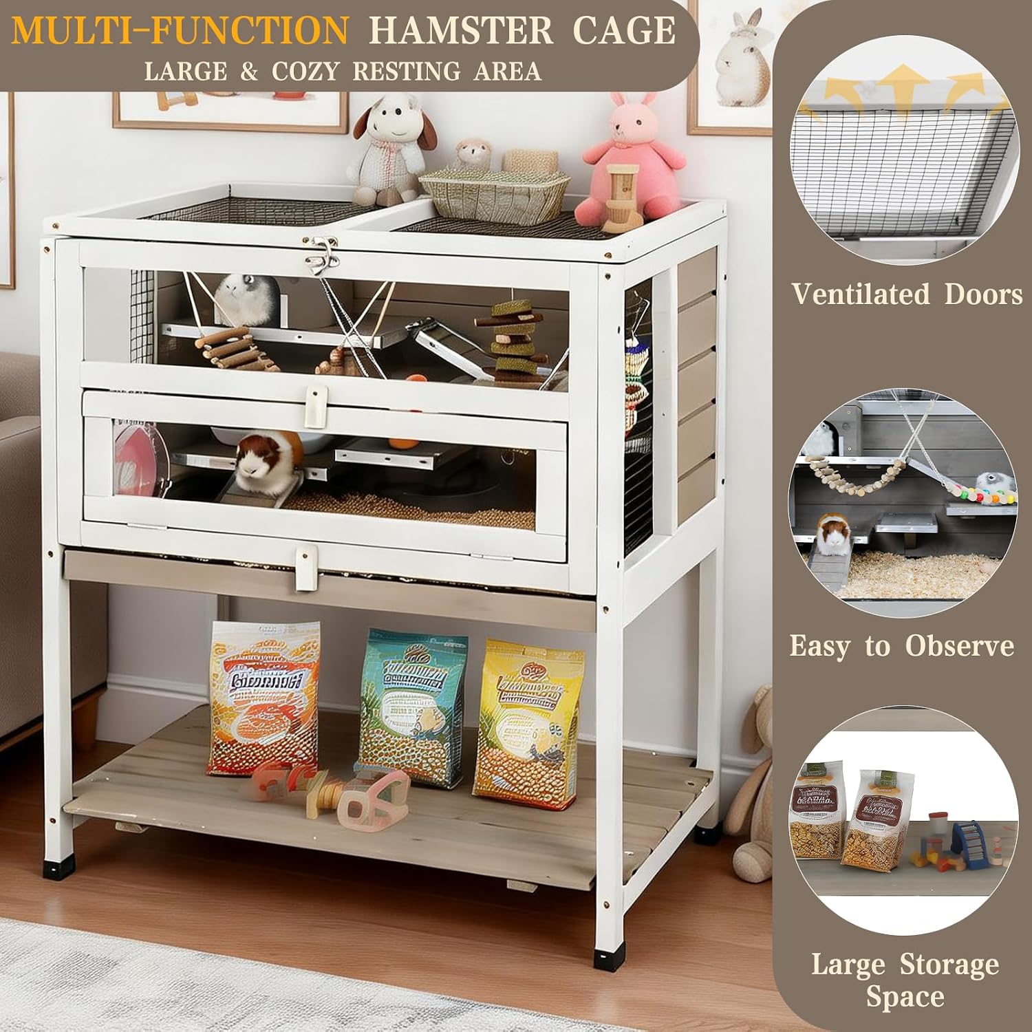 Ketive Wooden Hamster Cage with Stand, 3-Tier - GlobalHabitat Supply