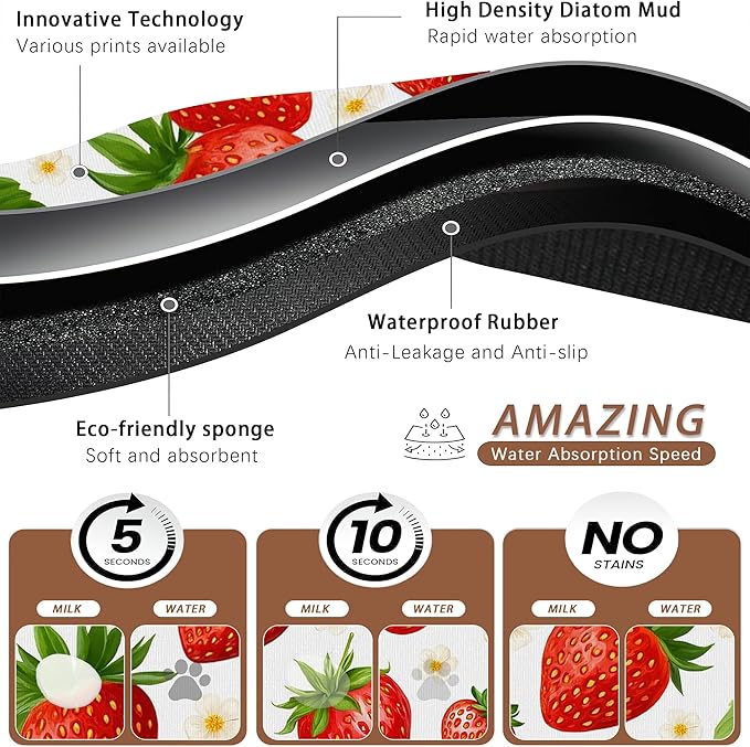 Cute Strawberry Flower Dog Cat Food Mat, Absorbent Pet Feeding Mat - Image 3