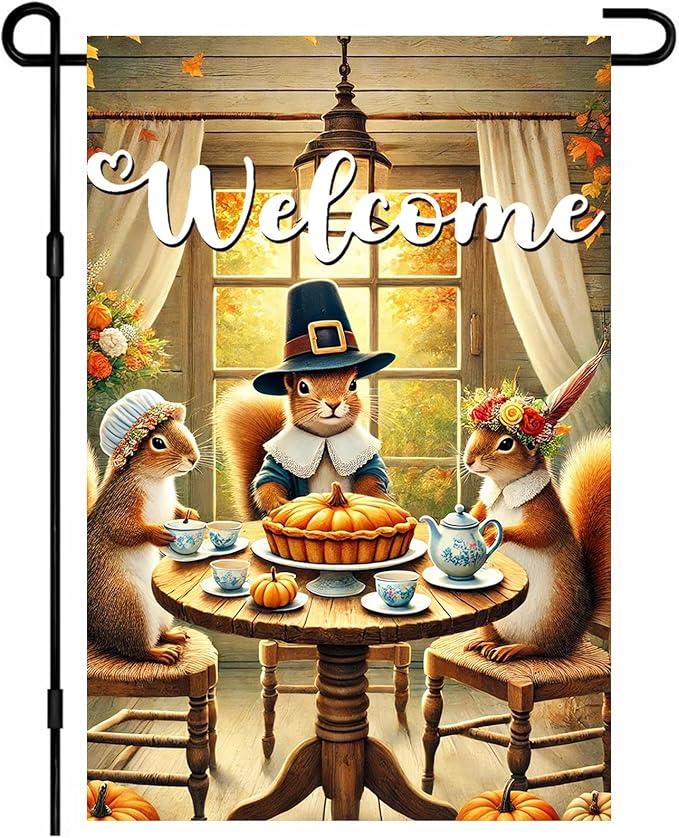 Welcome Garden Flag Autumn Garden Flag Adorable Squirrels Tea Party Decorative by BlissYard