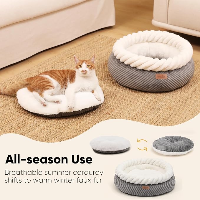 FUKUMARU Cat Bed, Calming Donut Dog Beds, Plush Faux Fur&Corduroy Cat Beds - Image 5