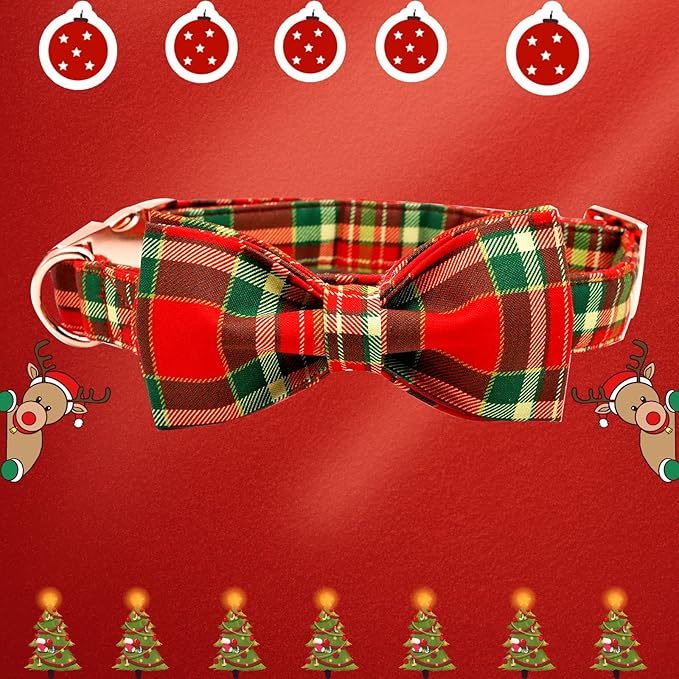 Dog Collar - Christmas Red Plaid Dog Collars Bowtie Gift Soft Bow Collar - Image 4